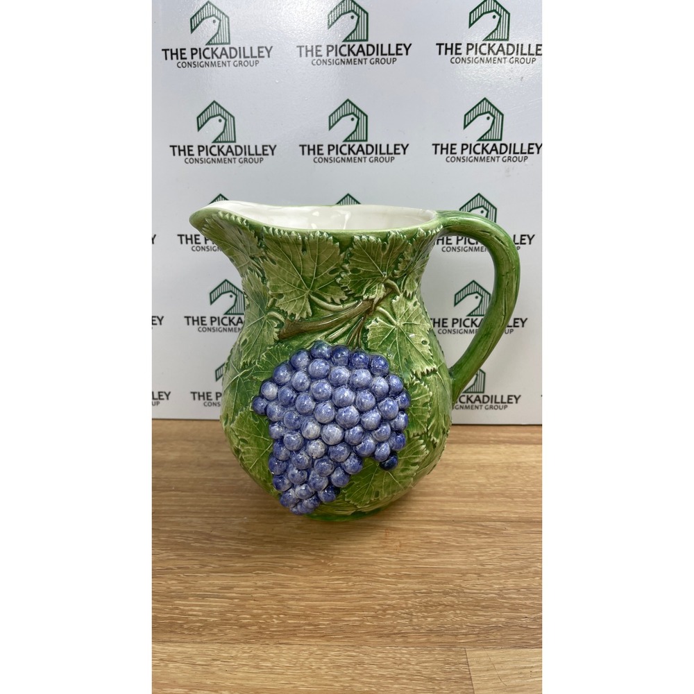 Bassano Italy Ceramic Grape Pitcher Green Purple Embossed Majolica Jug 1804